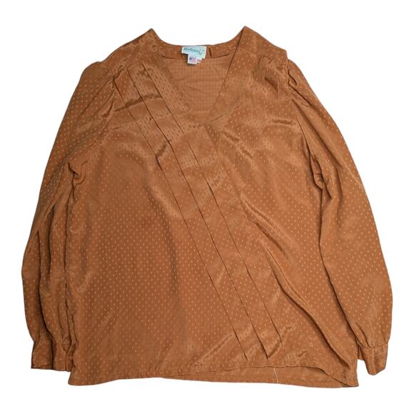 Vtg 1970s Bethany Burnt Orange Dot Textured Satin Pleated Detail Blouse 38 XL - Picture 1 of 3
